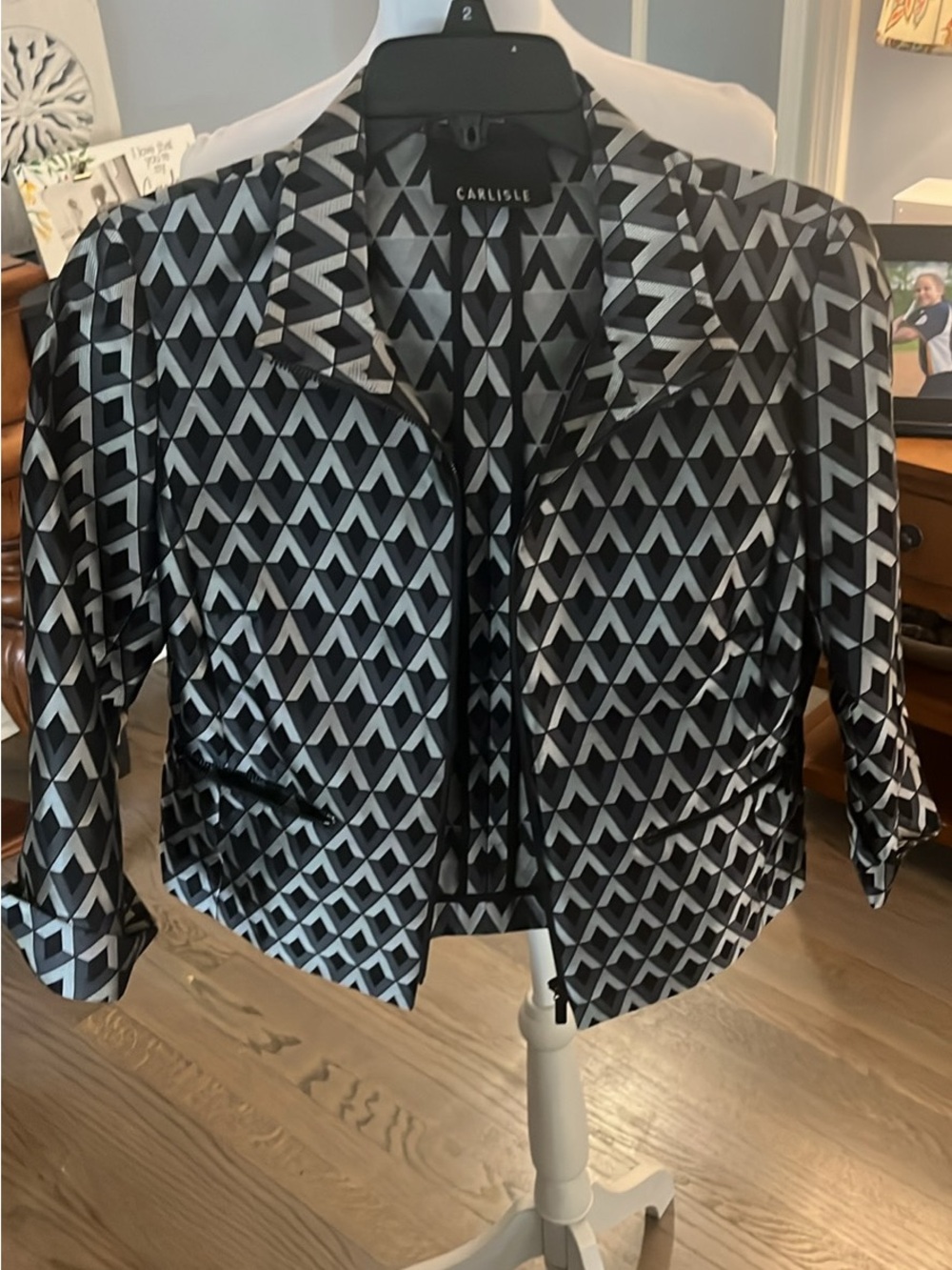Carlisle Black and Gray Geometric Zip-Front Blazer